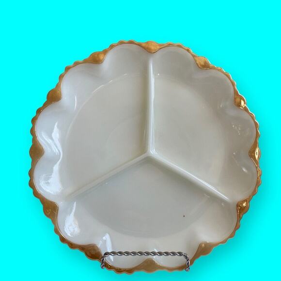 Vtg Milk Glass 3 Part Relish Dish Anchor Hocking Fire-King 22K Gold Trim 10” - Picture 1 of 6